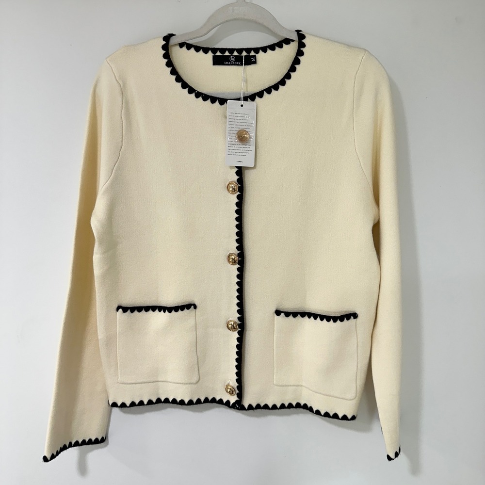 LILLUSORY Scalloped Trim Knit Cardigan Women M Cream Gold Button Core/Old Money